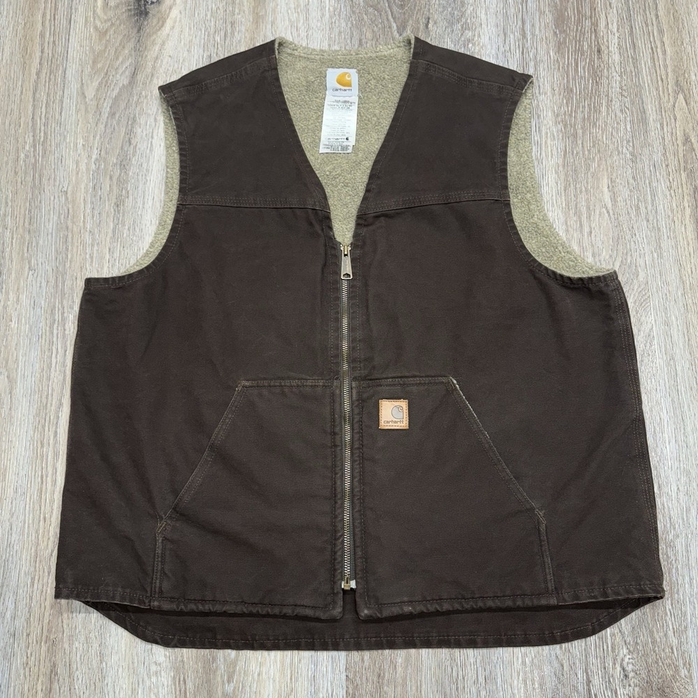 CARHARTT Sherpa Lined Vest Mens XL Brown V26 DKB Workwear Full Zip